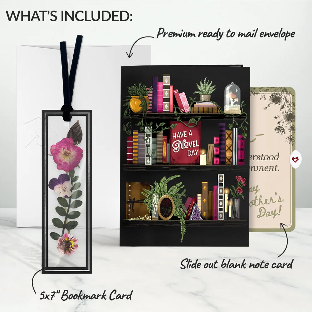 Novel Day Mother’s Day Petal Pressed™ Bookmark Card and Vintage Sketch Garden Sentiment Set for Mom