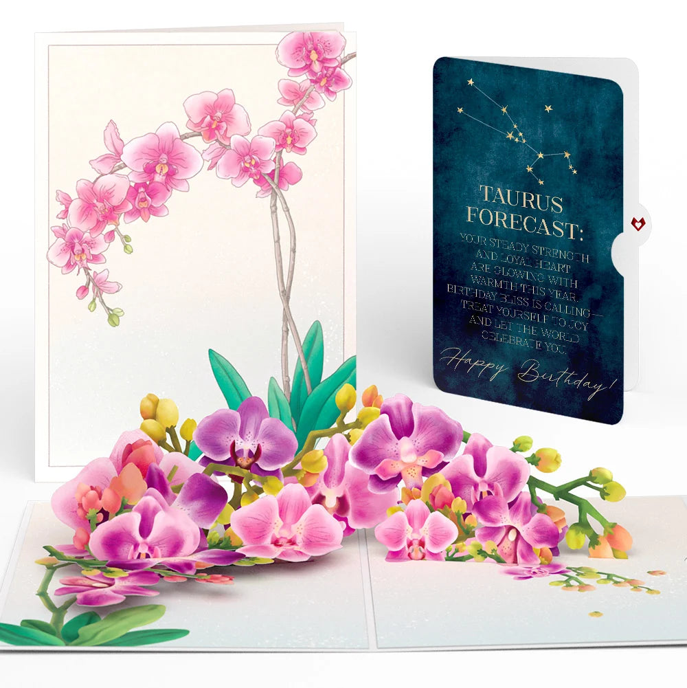 Watercolor Orchid Birthday Pop-Up Card and Taurus Zodiac Sentiment Set