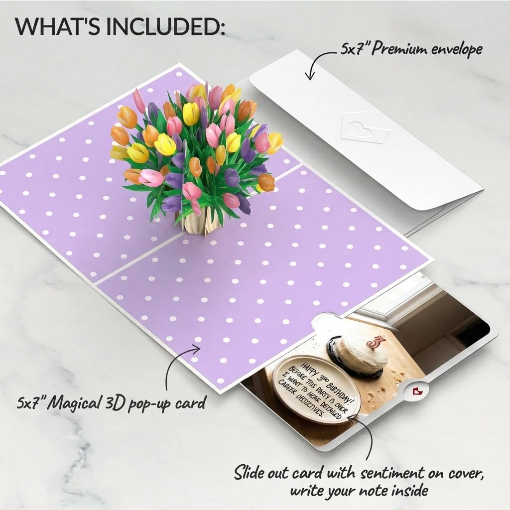 Timeless Tulips 3rd Birthday Pop-Up Card and Cake Career Objectives Sentiment Set