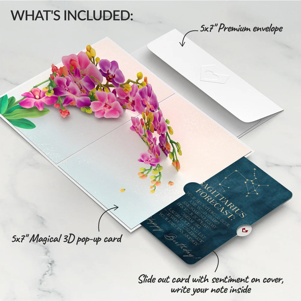 Watercolor Orchid Birthday Pop-Up Card and Sagittarius Zodiac Sentiment Set