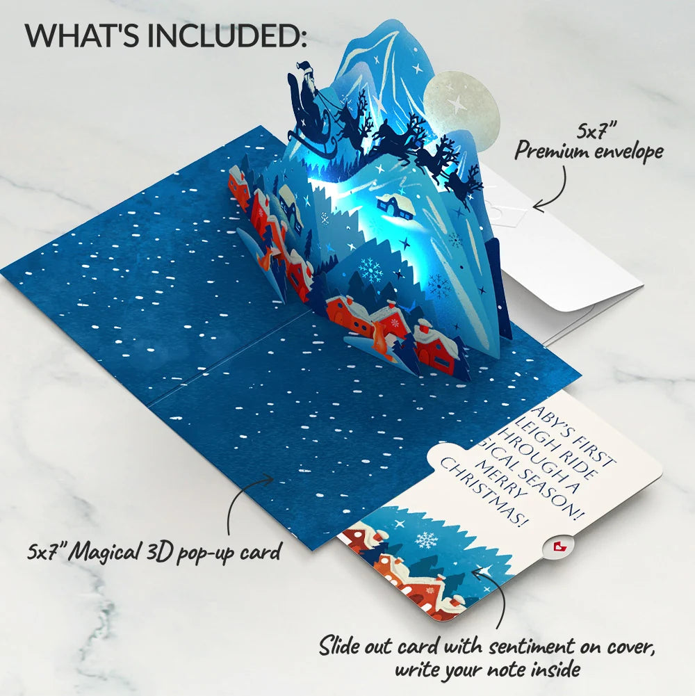 Christmas Eve Sleigh Ride Music and Lights Pop-Up Card and Snow Village Sentiment Set for Baby