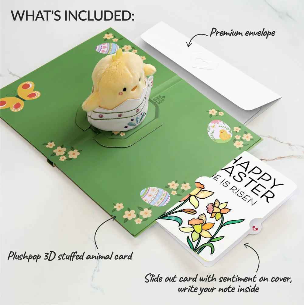 Spring Chick Easter Plushpop Card and Garden Blooms He Is Risen Sentiment Set