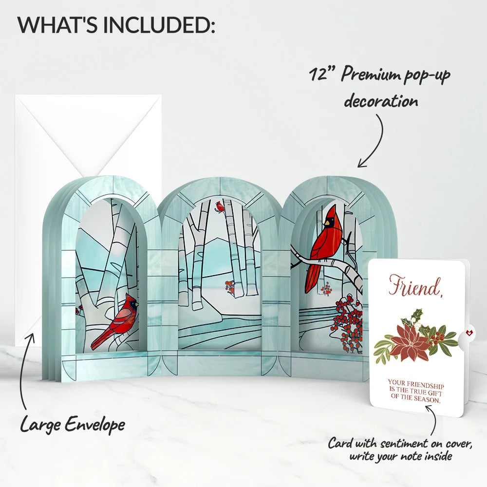 Stained Glass Winter Cardinal Pop-Up Gift and Poinsettia Christmas Sentiment Set for Friend