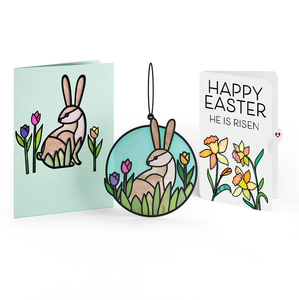 Springtime Bunny Easter Suncatcher Card and Garden Blooms He Is Risen Sentiment Set