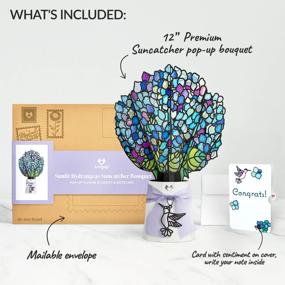 Sunlit Hydrangeas Congratulations Suncatcher Bouquet and Sentiment Set