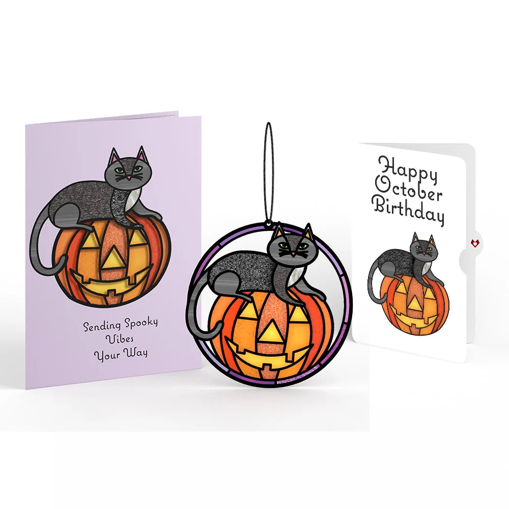 Spooky Vibes Halloween Cat Suncatcher Card and October Birthday Sentiment Set
