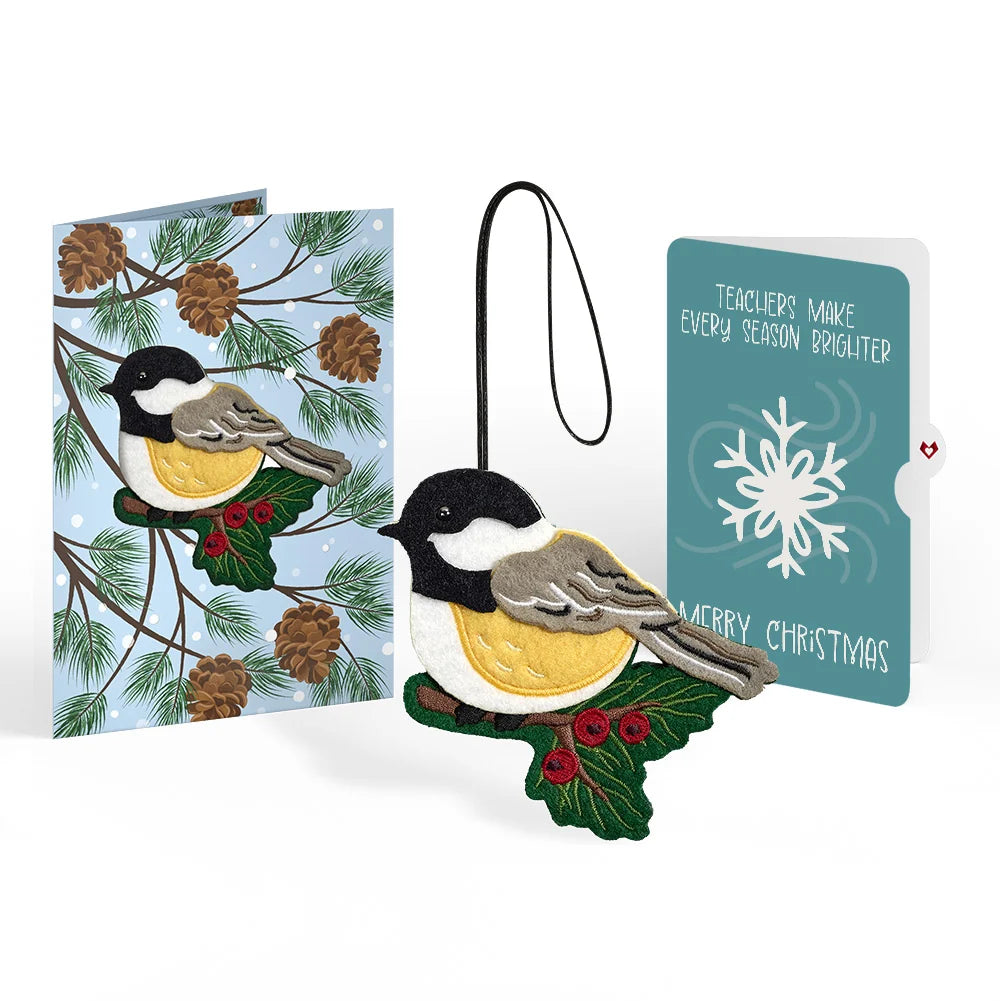 Winter Chickadee HeartFelt Charm Card™ and Snowflake Christmas Sentiment Set for Teacher