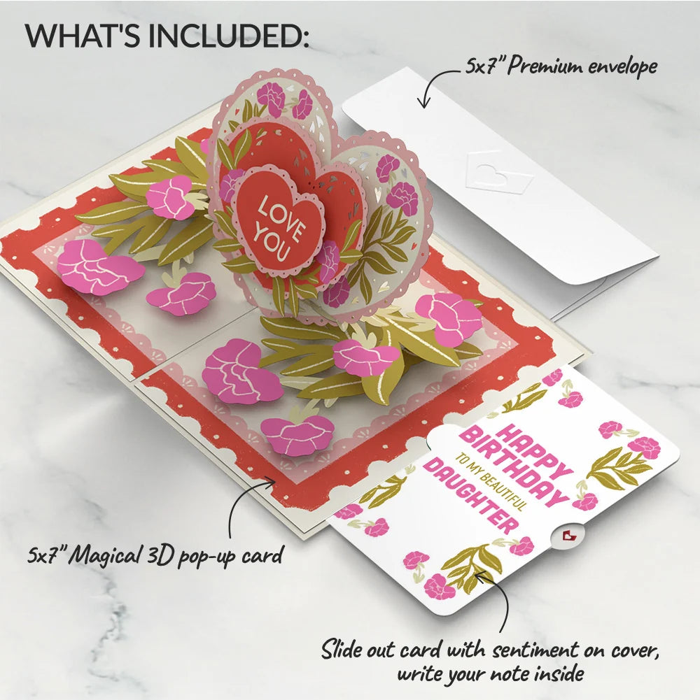Vintage Floral Love You Heart Birthday Pop-Up Card and Sentiment Set for Daughter